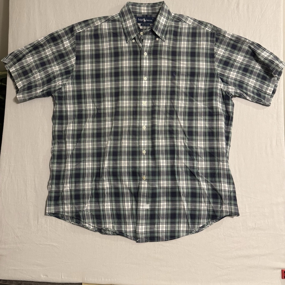 Polo Ralph Lauren Mens M Plaid Button Down Shirt Blue Green Short Sleeve Classic